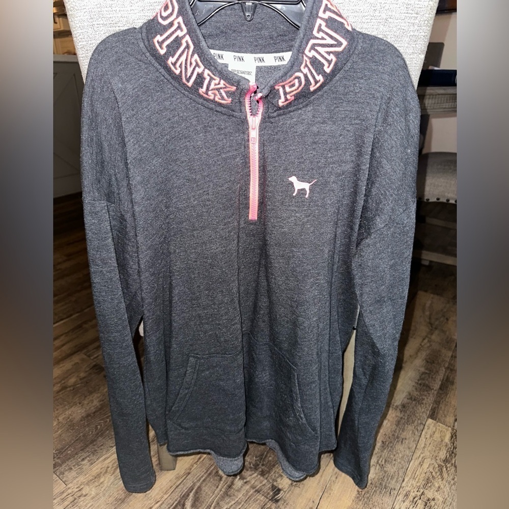 Victoria's Secret PINK Gray and Pink Logo 1/4 Zip pullover sweatshirt Large